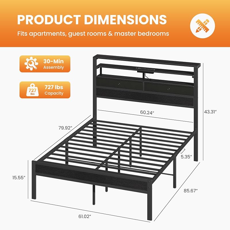 Queen Bed Frame with LED Lights, USB/AC/Type-C Charging Station, 3-Tier Headboard Storage & Under-Bed Drawers