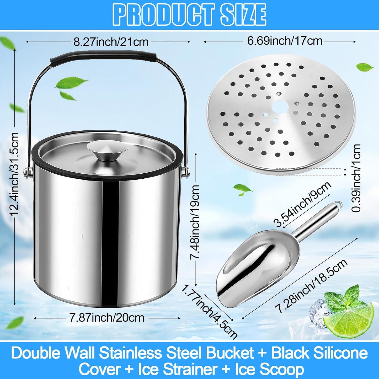 meekoo 4 L Double Wall Insulated Ice Bucket with Lid, Scoop, Strainer, Handle Large Stainless Steel Wine Ice Bucket Upgraded Cover Keep Frozen Longer for Cocktail Bar Parties(Silver)