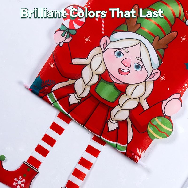 Elf Girl Christmas Banner - Merry Xmas Hanging Flag for Door Decor, Weatherproof Polyester