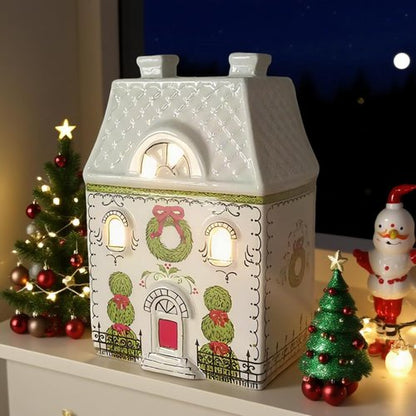 Cynkeyee Village House Christmas Decorations - 6-Inch White Ceramic Décor with Lights for Indoor Tabletop