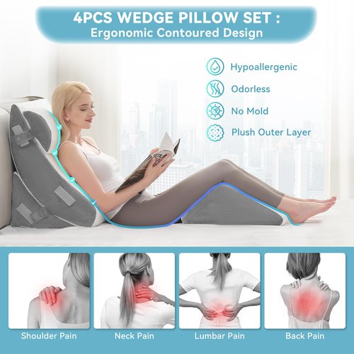 Kingfun 4PCS Orthopedic Bed Wedge Pillow Set for Sleeping, Post Surgery Memory Foam Support Pillows for Back, Neck and Leg Pain Relief, Adjustable Triangle Pillow - Acid Reflux, Anti Snoring & GERD
