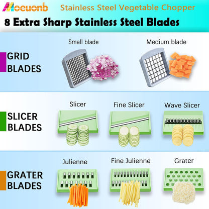 Skiennix All-in-1 Vegetable Chopper - 8 Blades Mandoline Slicer with Container | Stainless Steel Design