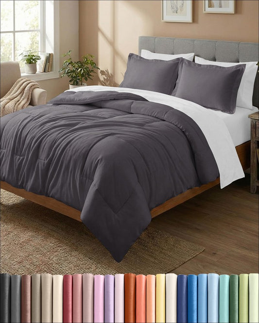 Queen Comforter Set - 3 Piece Bed Set for All Seasons - 1 Soft Quilted Comforter with Corner Tabs & 2 Pillow Shams - Comfy & Breathable - Premium Down Duvet Insert - Oeko-TEX - Queen Size, Dark Grey