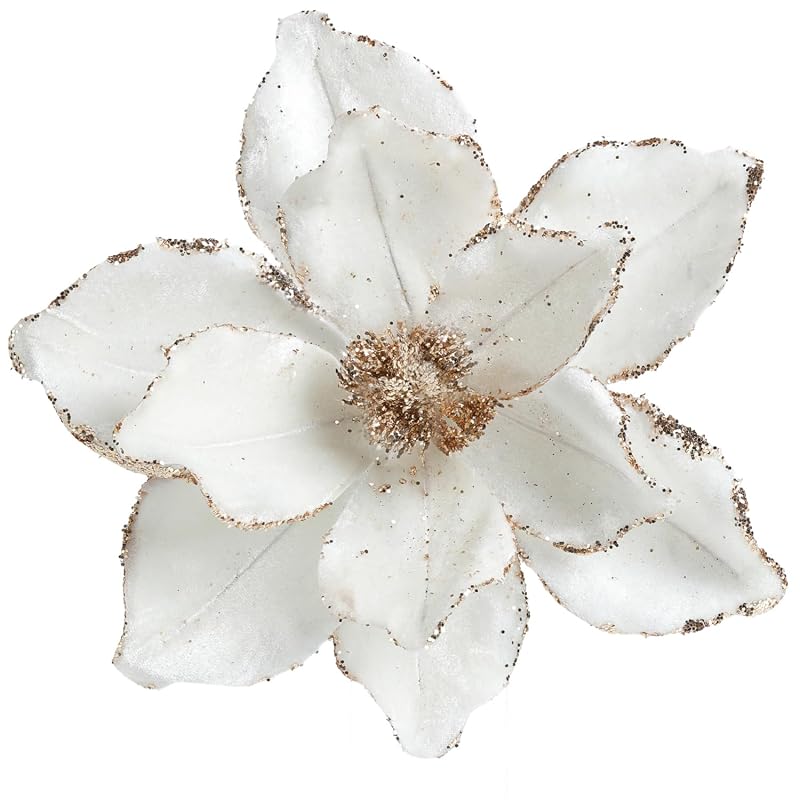 Cream White 6 Pcs 10.2’’ Large Glitter Magnolia Artificial Flowers for Christmas Tree Decorations
