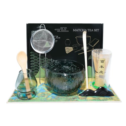 Japanese Matcha Set - (8 pcs) Matcha Whisk Set Matcha Bowl with Pouring Spout Bamboo Matcha Whisk (chasen) Scoop (chashaku) Matcha Whisk Holder Tea Making Kit (8pcs/set, Gray Matcha bowl)