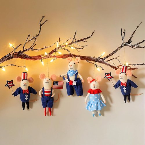 Hahafelt 4 Pcs 4th of July Felt Mice Ornaments - Cute Patriotic Wool Mouse Set | Handmade Red, Blue & White Decor (3.94 Inch)