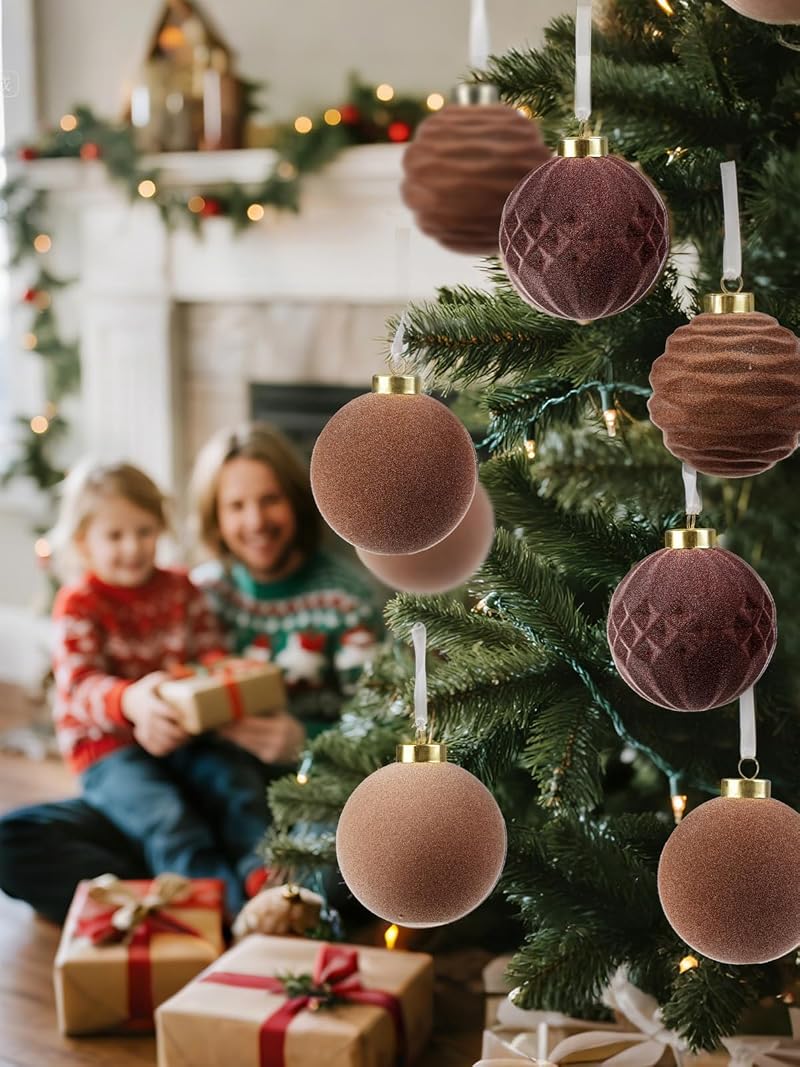 Brown Velvet Christmas Ornaments 3.15in - 12 Pcs Shatterproof, Neutral Round Balls (Variation: Brown+3.15inch)