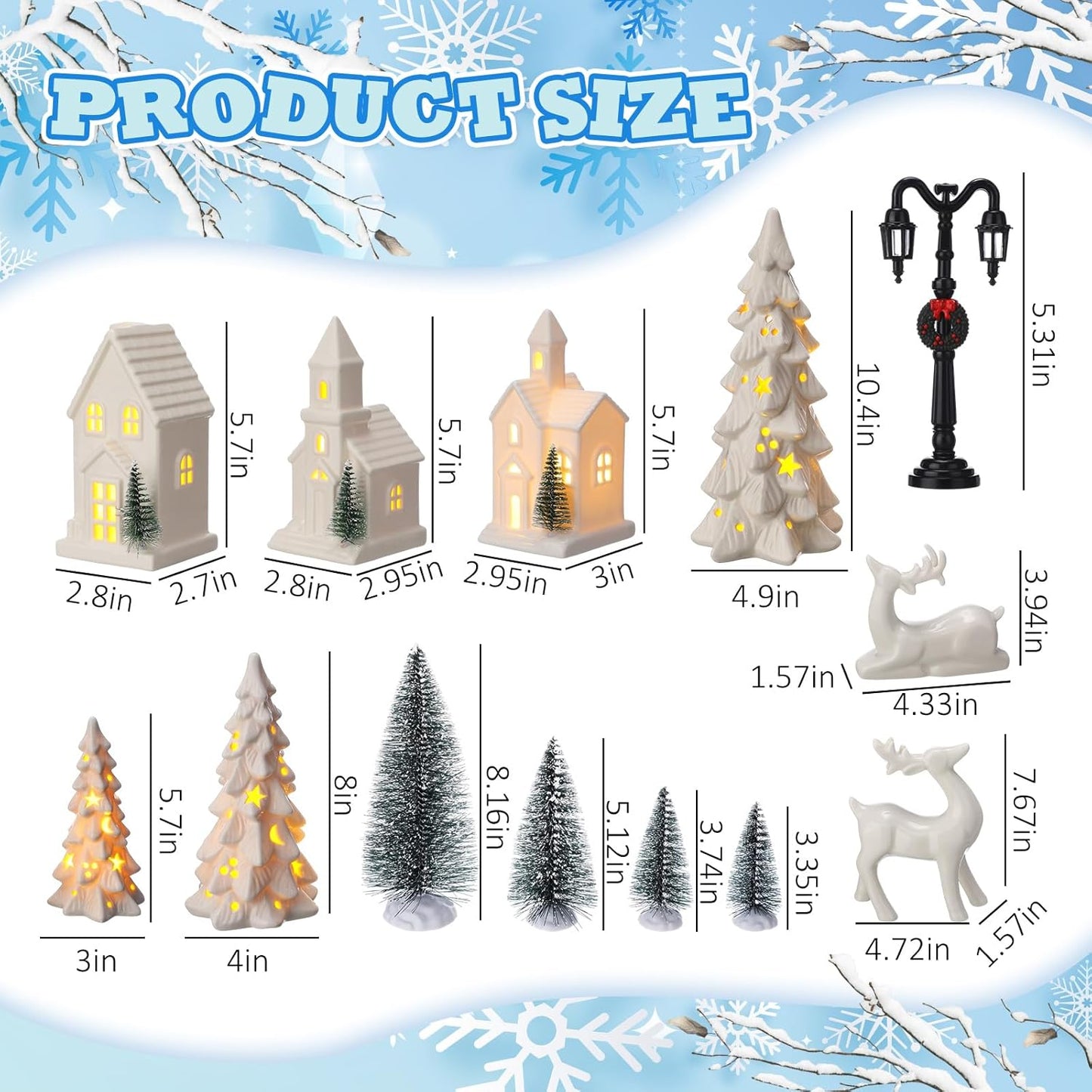 Nuogo 14 Pcs Ceramic White LED Christmas Village Houses Set | Includes Tree & Reindeer Figurine