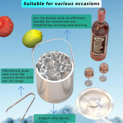 Stainless Steel Ice Bucket For Parties With Lid And Ice Tongs,Insulated Wine Bucket With Strainer Keeps Drinks Cold And Ice Cube From Melting