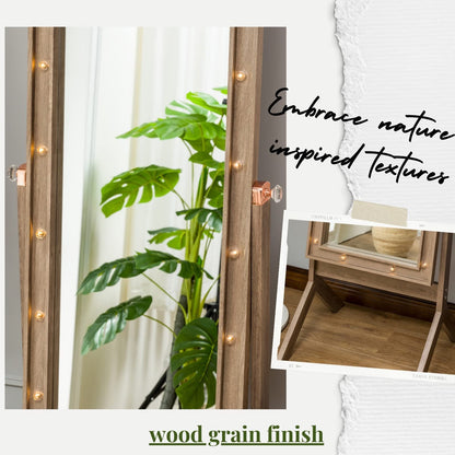 LUXFURNI Floor & Full Length Mirrors, Large Free Standing Body Mirror with Lights, Tall Cheval Mirror for Bedroom (Rustic Brown)