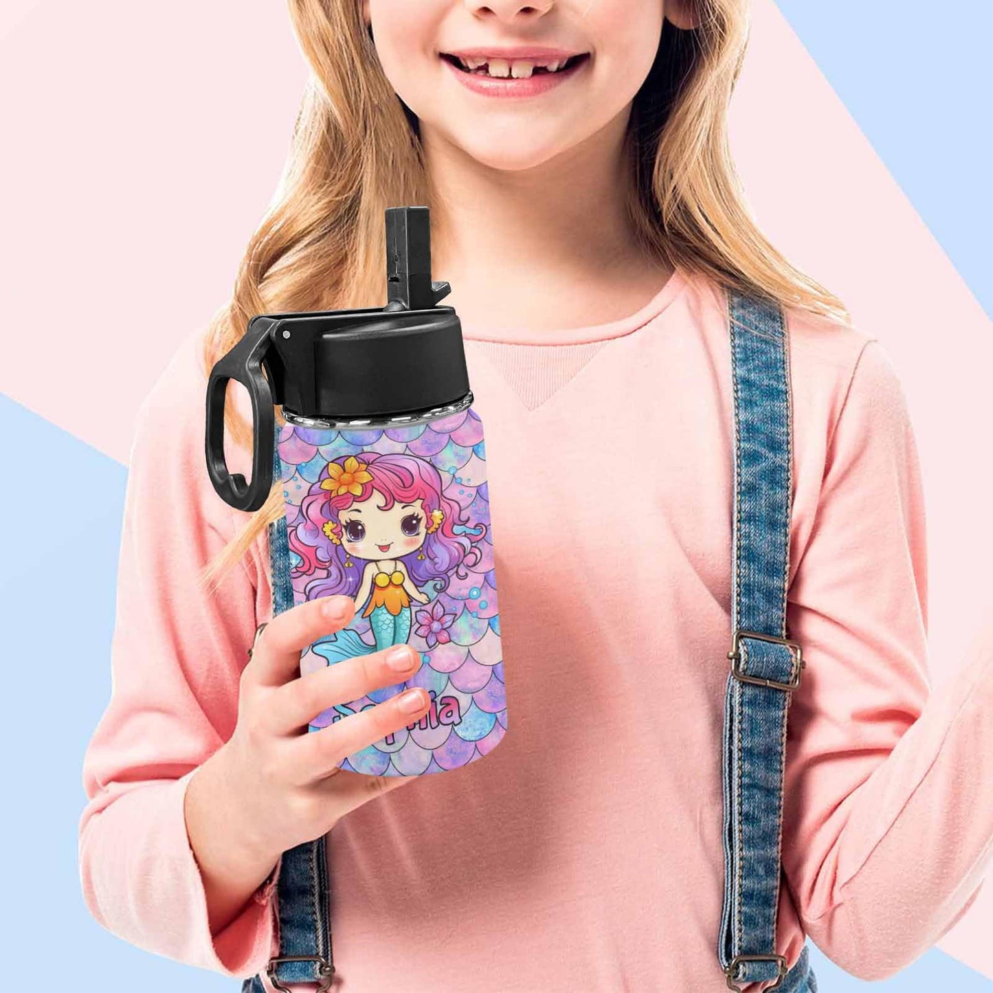 Personalized Kids Water Bottle with Straw Custom Mermaid Rainbow Fish Scales Water Cup with Kids Name Customized Mermaid Water Bottle Gift for Girls Daughter Granddaughter Children School Birthday12oz