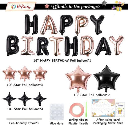Happy Birthday Banner - 3D Mylar Foil Letter Balloons & 8 Star Balloons | Black & Rose Gold Party Decor