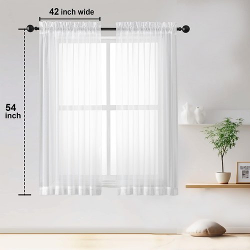 OWENIE Sheer White Curtains Living Room 54 inches Long, Rod Pocket Curtain Sheers Bedroom, Light Filtering Voile Panels Drapes Small Window Treatments 2 Panels, 42" W x 54" L, White (Pack of 2)