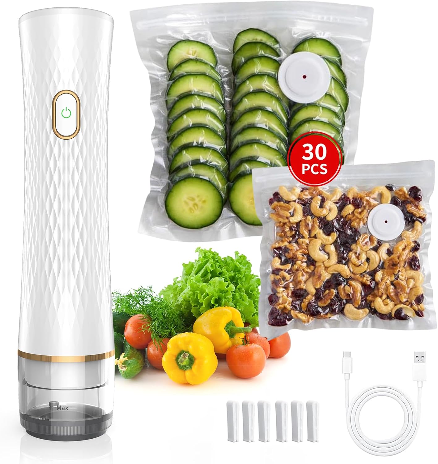 Skiennix Vacuum Sealer - Cordless & Rechargeable Food Saver with Strong Suction | 30 Reusable Bags Included