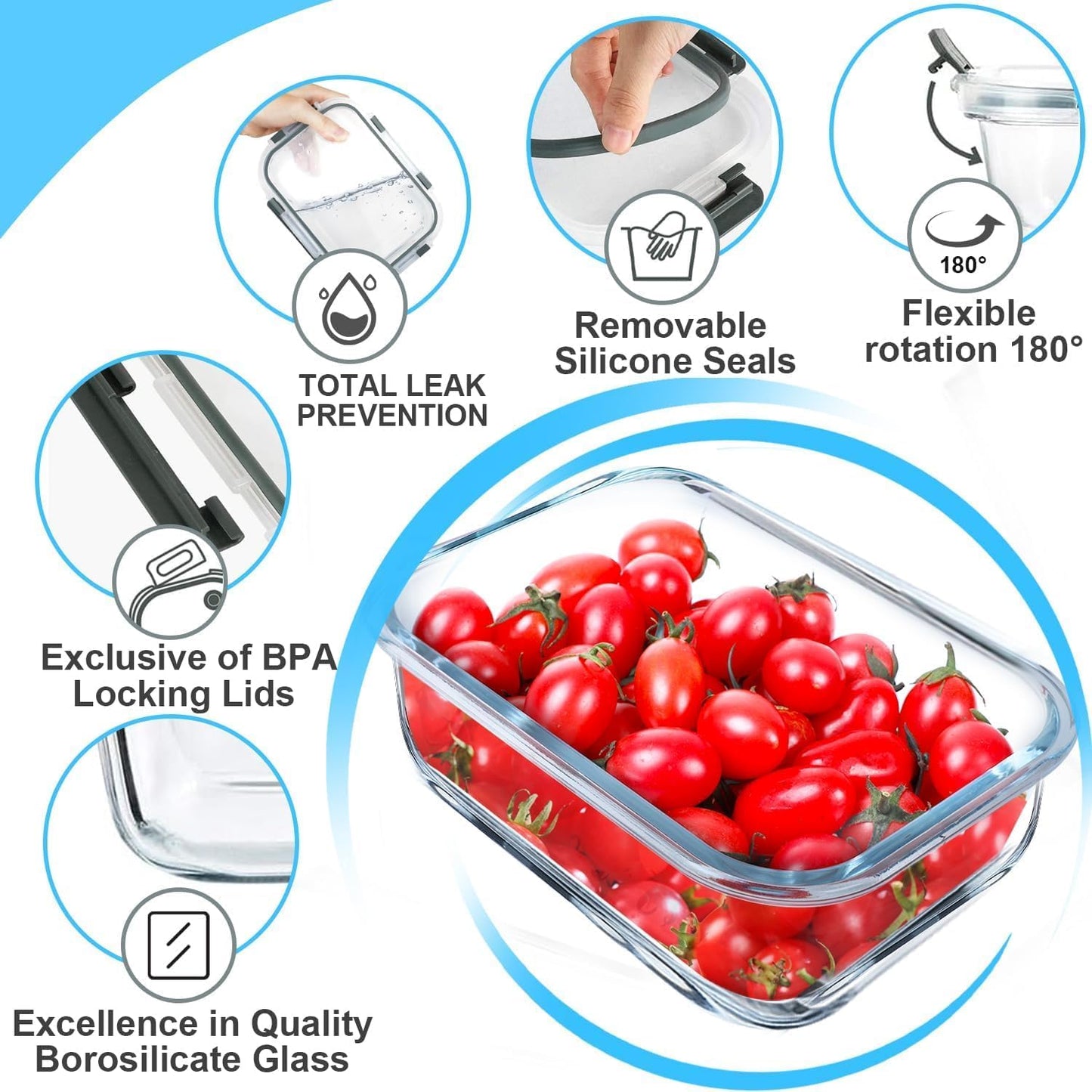 VERONES Glass Meal Prep Containers - 5 Pack Airtight 36 OZ Lunch Storage Set | BPA-Free, Microwave & Oven Safe, Grey