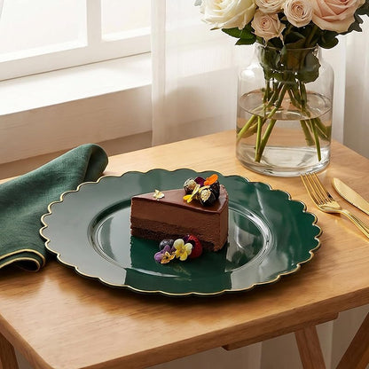 Green Gold 9 Inch Heavy-Duty Christmas Plates - Disposable Scalloped Plastic (Variation: Green Gold)