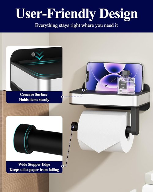 Kitsure Toilet Paper Holder - Matte Black Adhesive & Screw Wall Mount with Shelf | Space-Saving Design, 7.1" W