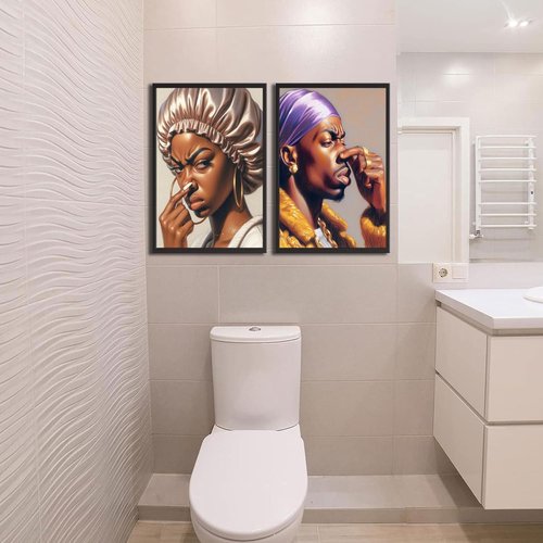 Funny African American Bathroom Wall Art - 2Pcs Canvas Prints with Humorous Pinch Nose Design | Unframed Decor