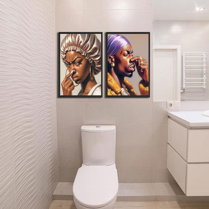 Funny African American Bathroom Wall Art - 2Pcs Canvas Prints with Humorous Pinch Nose Design | Unframed Decor