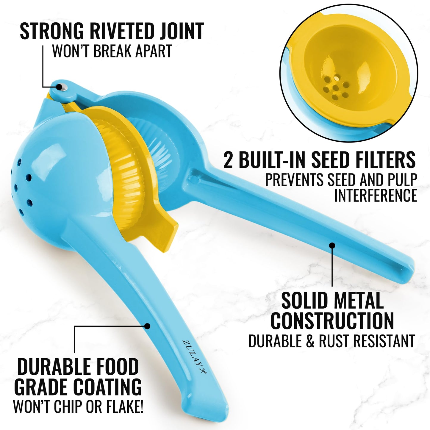 Zulay Metal 2-In-1 Lemon Squeezer Manual - Sturdy, Max Extraction Hand Juicer Lemon Squeezer Gets Every Last Drop - Easy to Clean Manual Citrus Juicer - Easy-to-Use Lemon Juicer Squeezer - Blue/Yellow