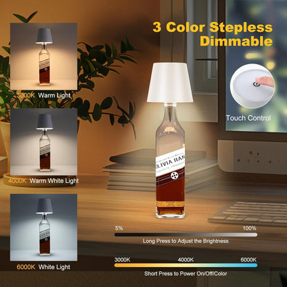 Wireless Bottle Lamp,2025 New 3 Color Rechargeable Wine Bottle Lights for Bars Restaurants (White, 1pc)