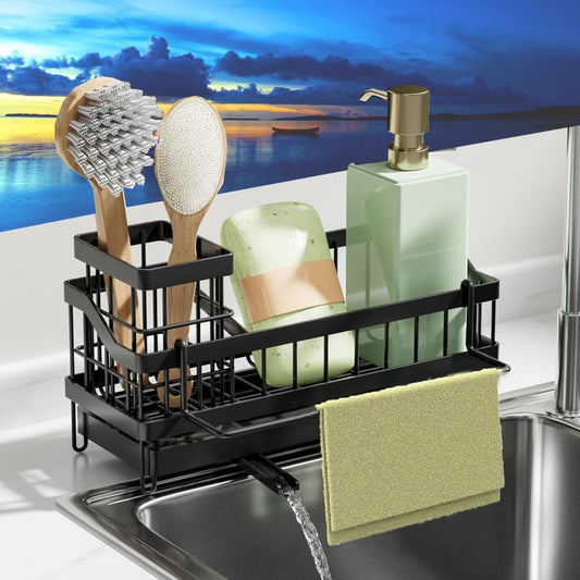 Sink Caddy Kitchen Organizer - Wall-Mounted Sponge Holder & Brush Storage | Rustproof 304 Stainless Steel