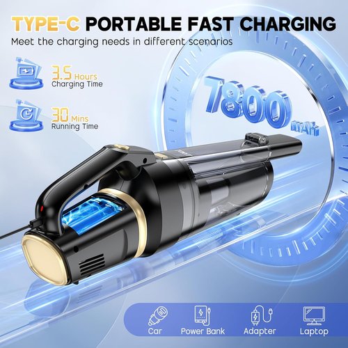 JONYJ Cordless Handheld Vacuum - 16000PA Strong Suction, Portable & Rechargeable with Multi-Nozzles & LED Light