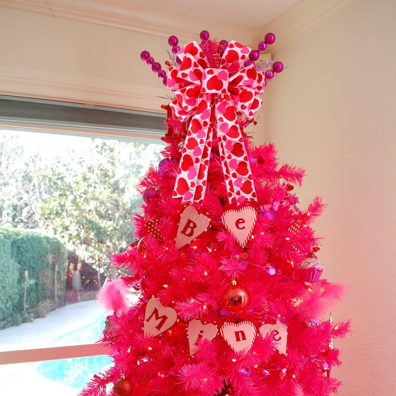 Valentine Tree Topper Bow - Large 11.4”x19.6” Red & Pink Heart Decorations for Home & Party Decor