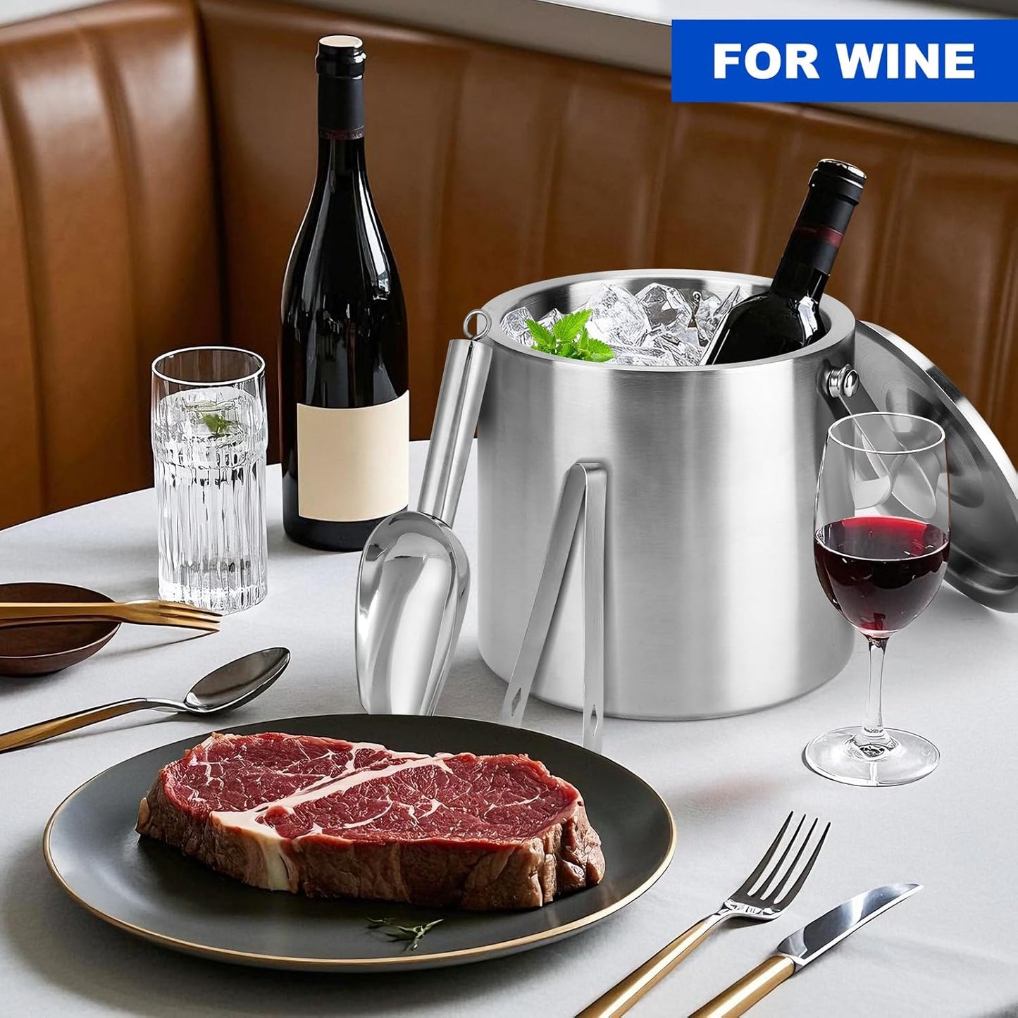 Portable Ice Buckets for Parties,3 Liter Double Wall Ice Bucket with Lid,Scoop,Tongs,Handle,Stainless Steel Ice Container to Keep Ice Frozen Longer- Ideal for Cocktail Bar,Camping,Chilling Beer/Wine