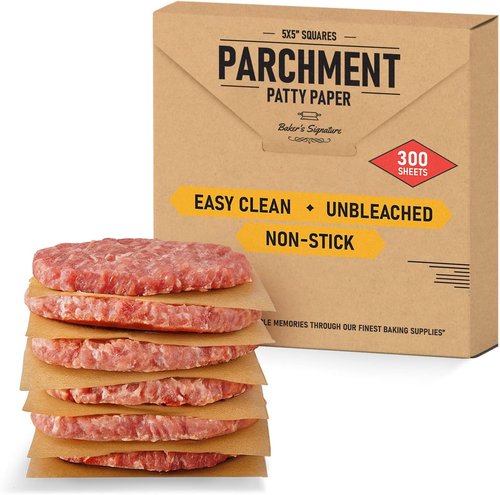 Baker’s Signature Hamburger Patty Paper Squares - 300 Pcs Silicone Coated Unbleached Parchment Sheets | Ideal for Baking, Wrapping & Freezing