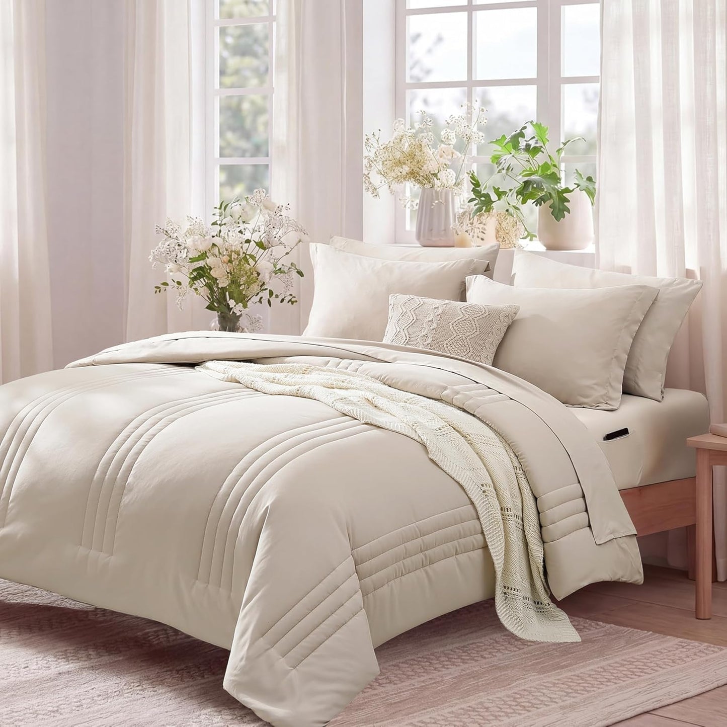 Monbix Queen Comforter Set - 7-Piece Beige Bedding Set | All-Season Comforter, Sheets & Pillowcases