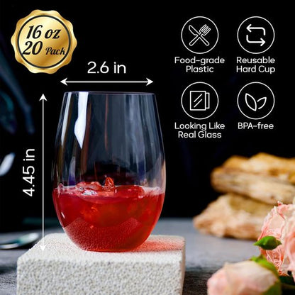 FOCUSLINE 20 Pack 16 Oz Plastic Wine Glasses, Stemless Plastic Wine Cups Heavy Duty, Unbreakable Disposable Wine Glasses for Wedding or Party