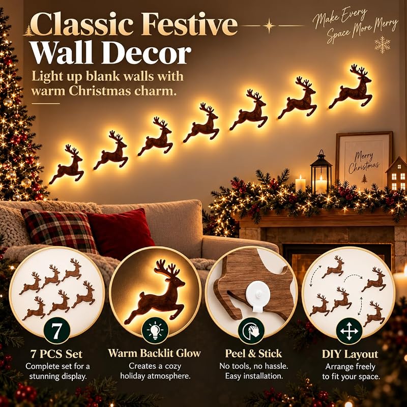 G 7-Piece LED Reindeer Wall Decorations – Antler 3D Glow Christmas Decor (Variation: G)