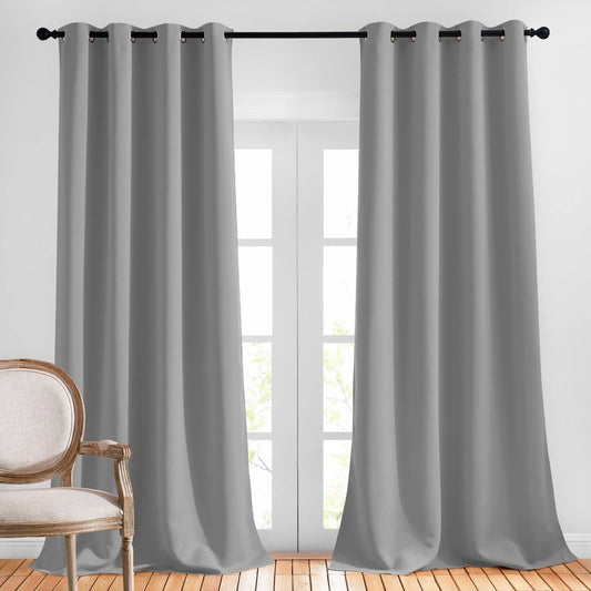 NICETOWN Blackout 102 inch Curtains for Living Room, Grommet Thermal Curtains Room Darkening Window Treatments Sound Reducing for Bedroom, Silver Grey, 2 Panels, W52 x L102