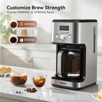 Gevi 14-Cup Programmable Coffee Maker - Drip Machine with Normal & Strong Brew | Silver Glass Carafe