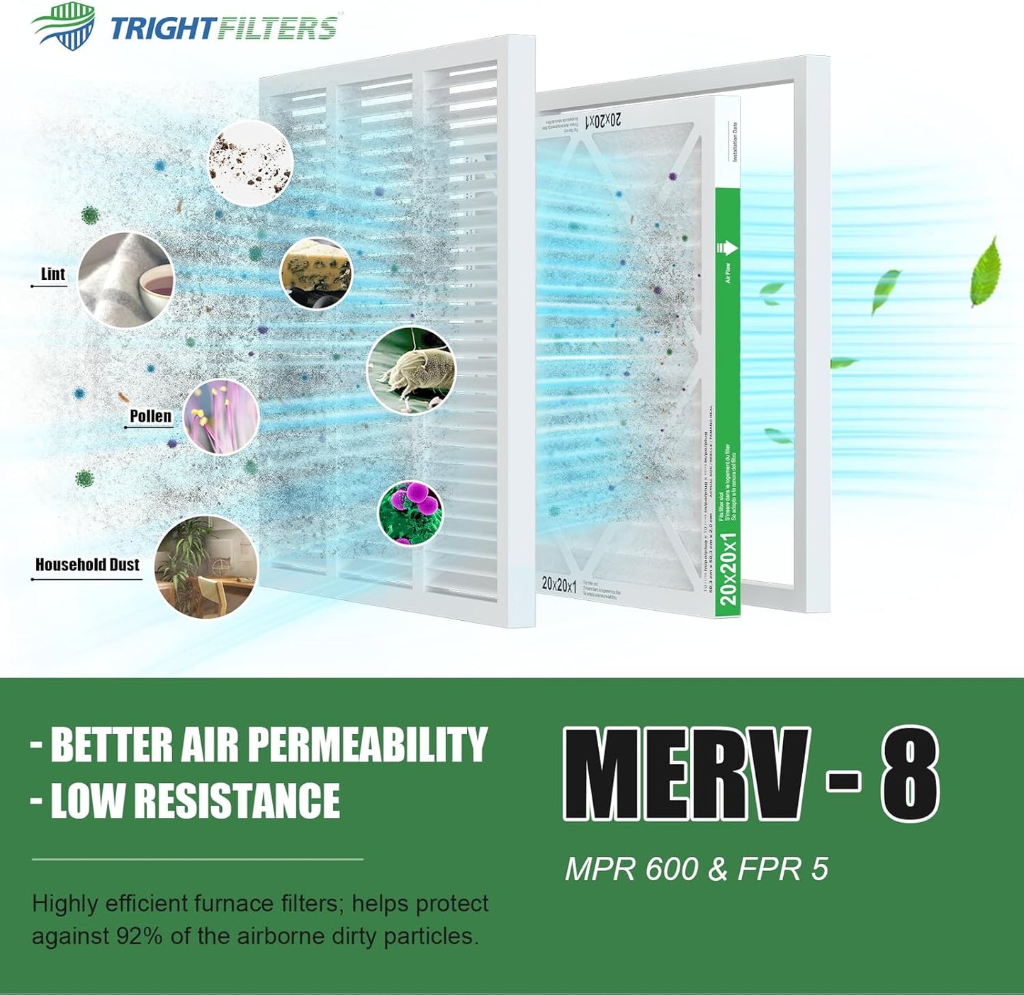 TRIGHTFILTERS 20x20x1 Air Filter - MERV 8 Pleated Dust Defense | 4 Pack Replacement for HVAC & AC Systems