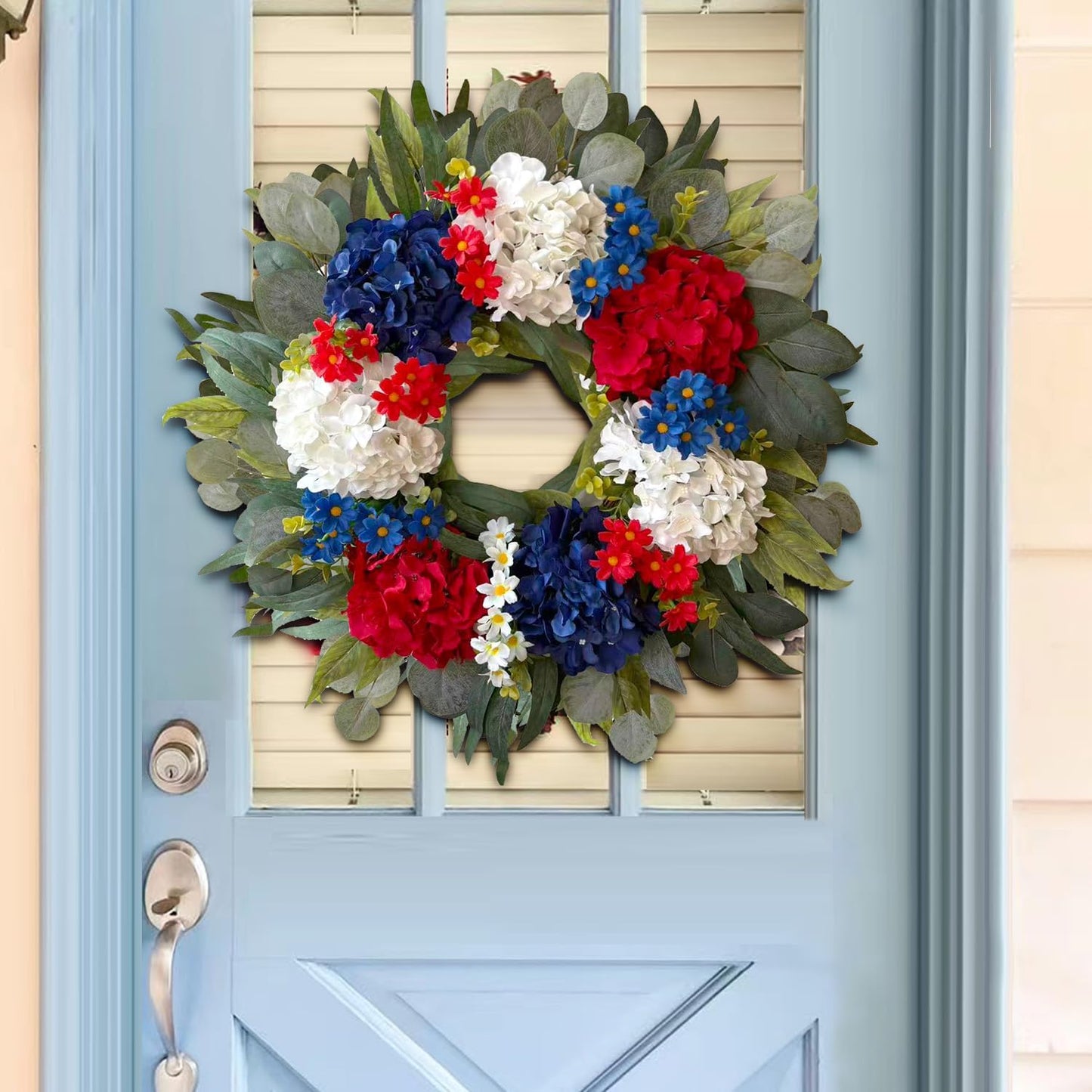 WANNA-CUL 24-Inch Patriotic Hydrangea Wreath - Red, White & Blue 4th of July Door Decor