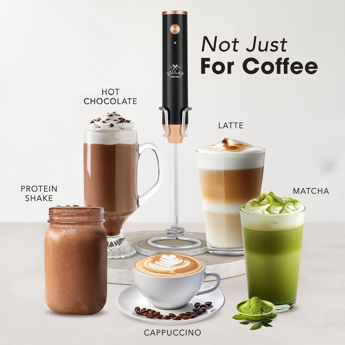 Zulay Kitchen Rechargeable Milk Frother - Powerful 2-Speed Mixer with 4 Whisks - Dark Copper Finish