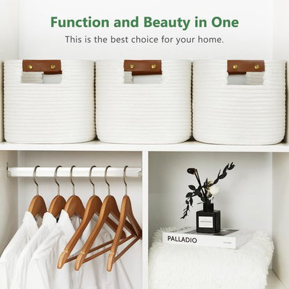 ECDYQXVU Cotton Rope Basket, Storage Baskets with Handle, 15x10x9 Inch Woven Basket for Shelves, Laundry, Towels, Clothes, Books (White 1Pack)