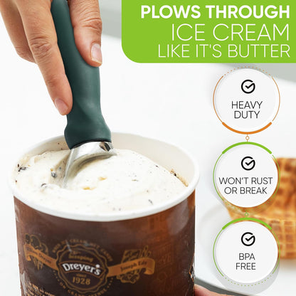 Spring Chef Ice Cream Scoop - Heavy Duty Soft Grip Handle for Gelato, Sorbet & More - Pine Green