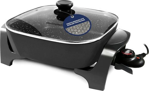 Elite Gourmet Extra Deep Non-Stick Electric Skillet - 12"x12"x3.2" (7.5Qt) with Glass Lid & Adjustable Temp, Black