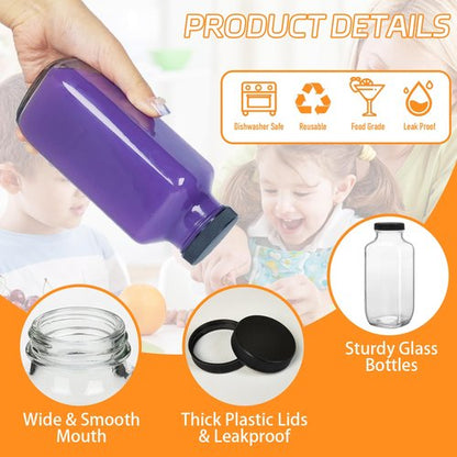 Dayify 6 Pack 16oz Glass Juice Bottles with Lids, 480ml Drinking Bottles with Caps, Reusable Square Glass Jars Drink Containers Water Bottle for Juicing, Milk, Smoothies, Kombucha