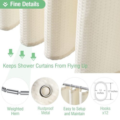 Dynamene Extra Long Shower Curtain,96 Inch Long Waffle Weave Weighted Thick Cloth Bathroom Shower Curtain, Neutral Heavy Duty Hotel Bath Curtain Set with 12 Plastic Hooks,72x96,Cream/Ivory