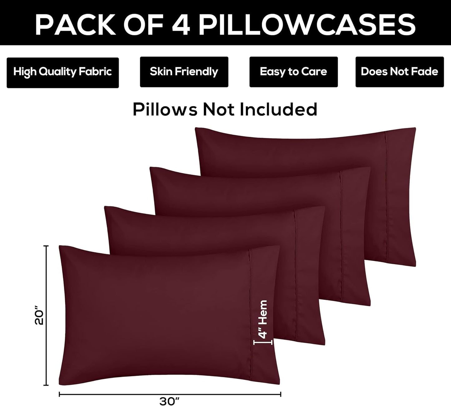 Utopia Bedding Standard Pillow Cases - Soft Brushed Microfiber - 4 Pack, Burgundy, 20 x 26 Inches