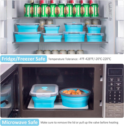 Skiennix Collapsible Food Storage Containers - 8 Pack Silicone Set for Snacks | Microwave & Dishwasher Safe, Blue