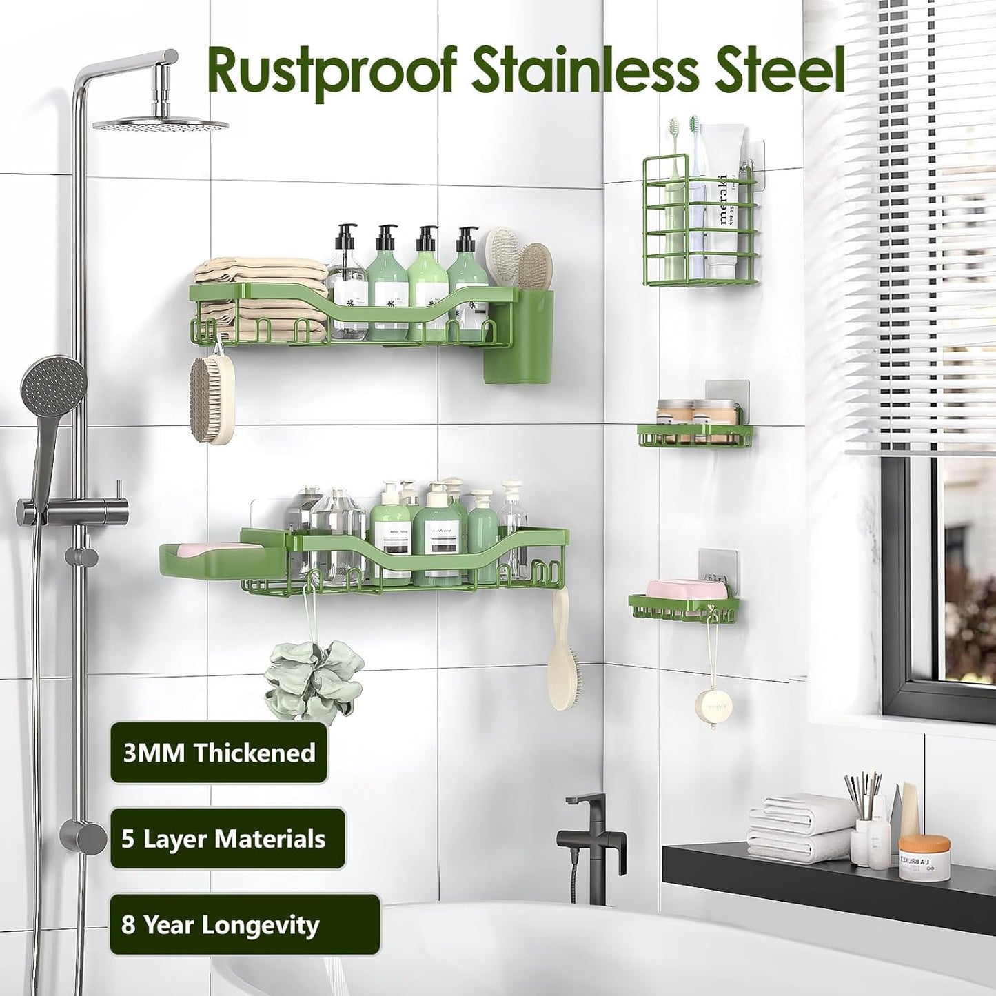 NESOMI Shower Caddy - Rustproof Stainless Steel Organizer with Soap Dish & Hooks | 7-Pack, No-Drill Storage