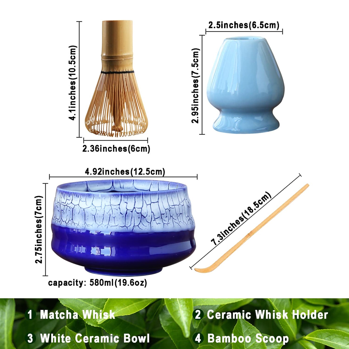 Japanese Matcha Tea Set, Unique Matcha Set - Blue Matcha Bowl Matcha Whisk and Blue Whisk Stand, Traditional Tea Scoop, The Perfect Ceremony Start Up Set to Prepare an Authentic Cup of Matcha