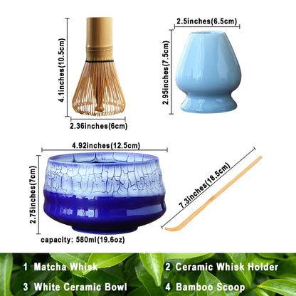 Japanese Matcha Tea Set, Unique Matcha Set - Blue Matcha Bowl Matcha Whisk and Blue Whisk Stand, Traditional Tea Scoop, The Perfect Ceremony Start Up Set to Prepare an Authentic Cup of Matcha