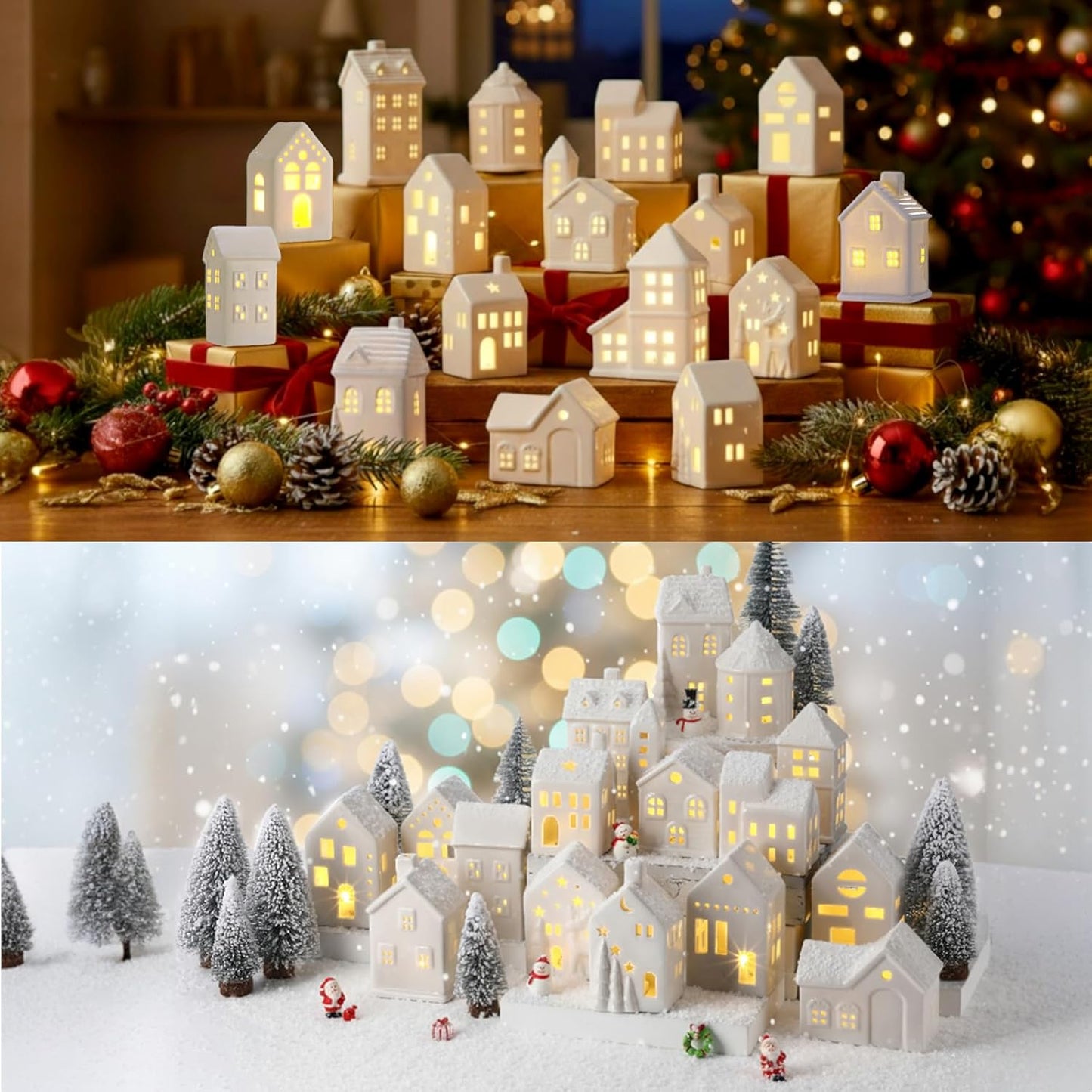 Vinsot 34 Pcs LED Christmas Village Set - Light Up Houses, Snowman & Santa Figurines, Trees & Lamp Post Decor