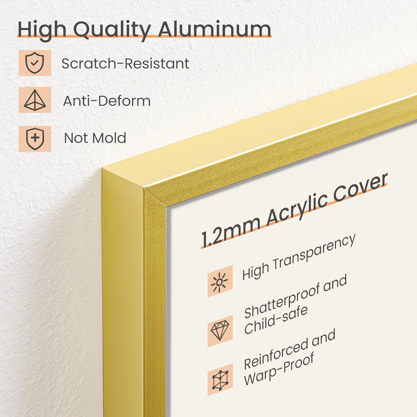 Upsimples Aluminum Picture Frame - Gold 11x14 for 8x10 Photos with Mat | Wall Hanging Design